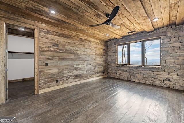 unfurnished bedroom featuring recessed lighting, wooden ceiling, ceiling fan, and dark wood-style flooring