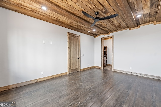 unfurnished room featuring recessed lighting, wood ceiling, ceiling fan, and dark wood-style flooring