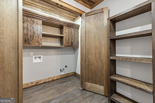 clothes washing area with baseboards, washer hookup, wood finished floors, cabinet space, and hookup for an electric dryer