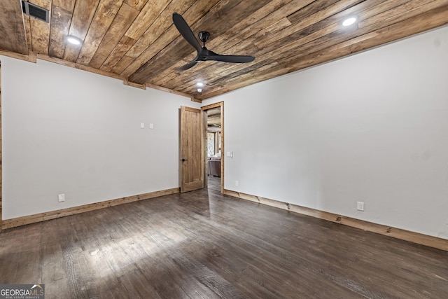 empty room with visible vents, wood ceiling, ceiling fan, and hardwood / wood-style flooring