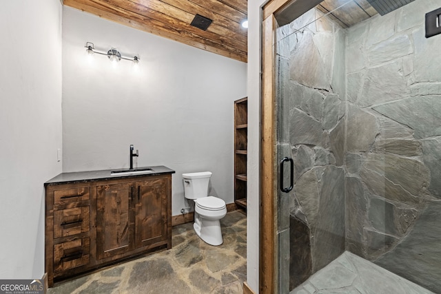 full bath featuring vanity, toilet, wood ceiling, and a marble finish shower