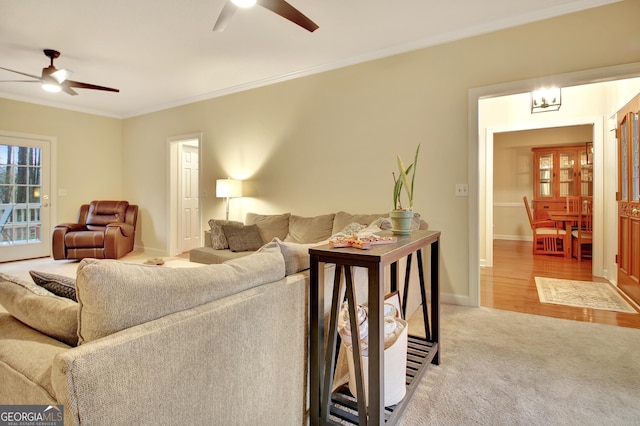 carpeted living area featuring wood finished floors, baseboards, ceiling fan, and crown molding