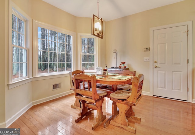 dining area with visible vents, baseboards, and light wood-style flooring