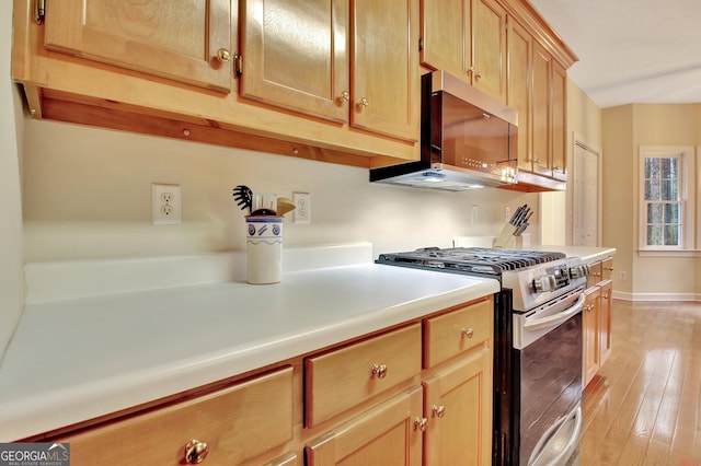 kitchen featuring light wood-style flooring, stainless steel appliances, light countertops, and baseboards