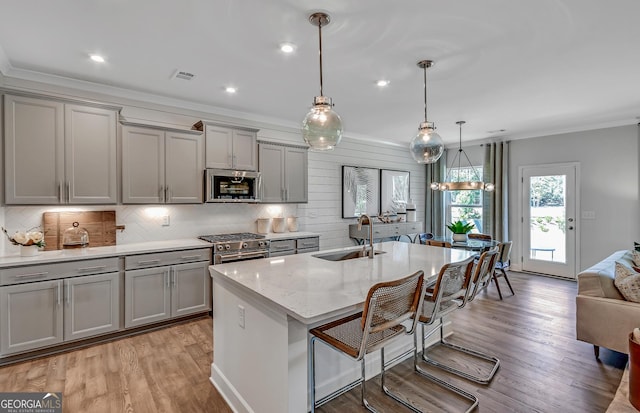 kitchen with a sink, stainless steel appliances, and gray cabinets