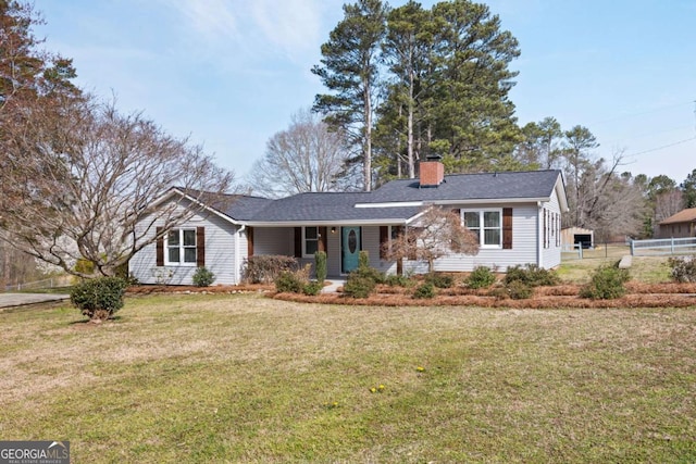 ranch-style house with a front lawn, a porch, fence, and a chimney