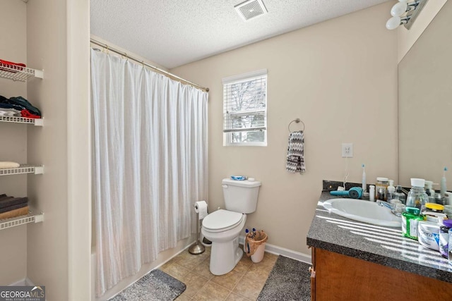 full bath featuring visible vents, toilet, a textured ceiling, tile patterned flooring, and vanity