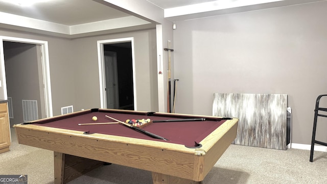 rec room featuring visible vents, baseboards, carpet, and billiards