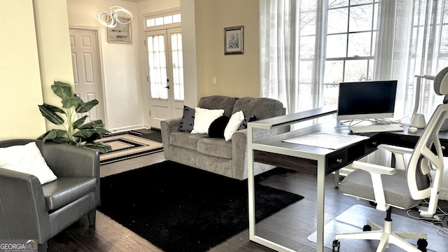 home office with french doors and wood-type flooring