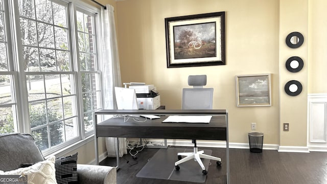 home office featuring wood finished floors, a healthy amount of sunlight, and baseboards