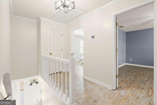 hallway with an upstairs landing, wood finished floors, crown molding, baseboards, and attic access