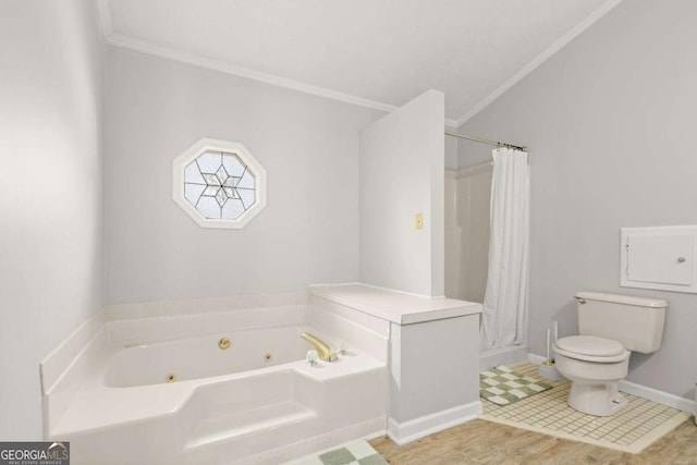 bathroom featuring crown molding, baseboards, toilet, a shower with shower curtain, and a tub with jets