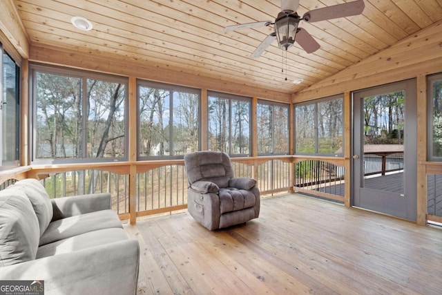 sunroom / solarium featuring lofted ceiling, wood ceiling, and ceiling fan