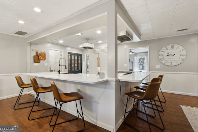 kitchen with dark wood finished floors, visible vents, light countertops, and a sink