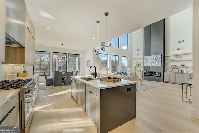 kitchen featuring a sink, light wood-style floors, modern cabinets, and stainless steel stove