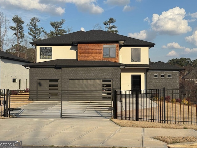 view of front of home with concrete driveway, a gate, fence, and brick siding