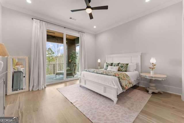 bedroom with access to exterior, visible vents, light wood-style flooring, and baseboards