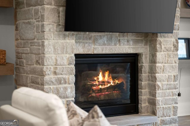 room details with a glass covered fireplace