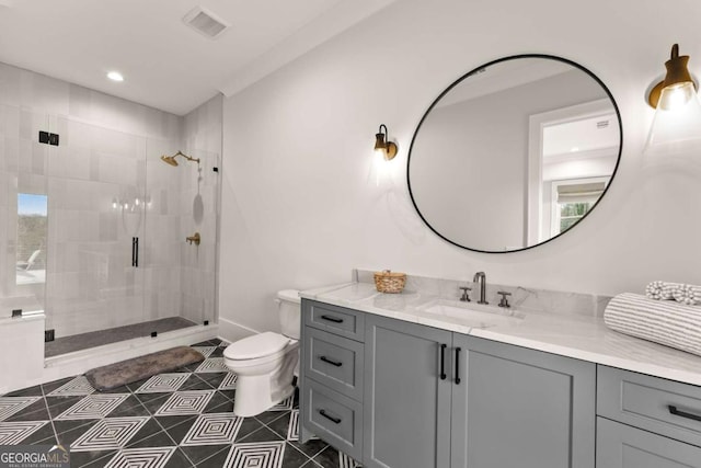 full bath with vanity, toilet, visible vents, and a stall shower