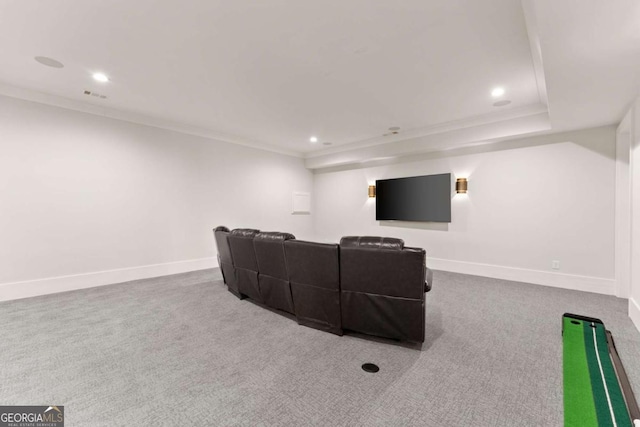 carpeted home theater room with recessed lighting, visible vents, baseboards, and ornamental molding