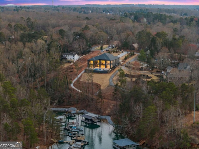 aerial view at dusk with a wooded view