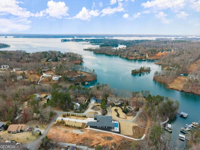 drone / aerial view featuring a water view