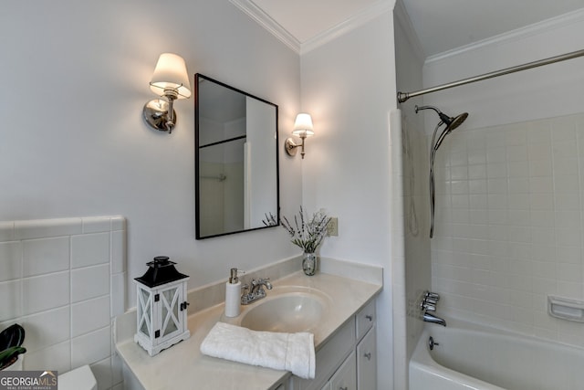 full bathroom with vanity,  shower combination, and ornamental molding