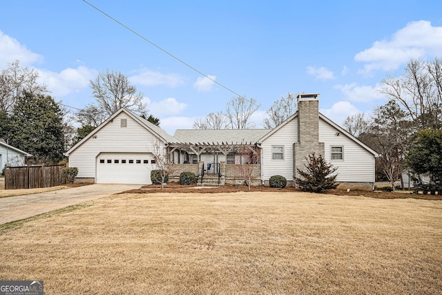 ranch-style house with an attached garage, a front lawn, a chimney, driveway, and a pergola