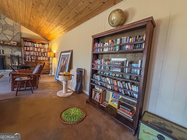 interior space with vaulted ceiling and wood ceiling