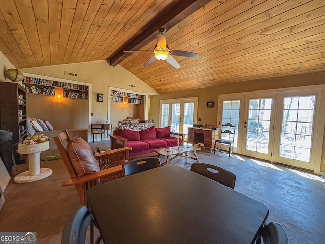 living room with wooden ceiling, vaulted ceiling with beams, visible vents, and ceiling fan