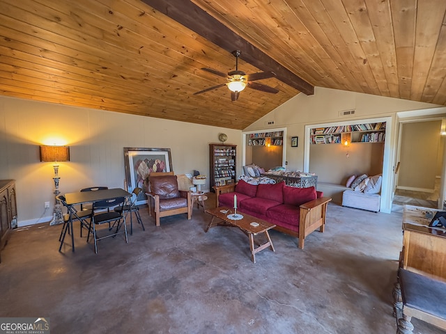 living area featuring a ceiling fan, visible vents, lofted ceiling with beams, concrete flooring, and wooden ceiling