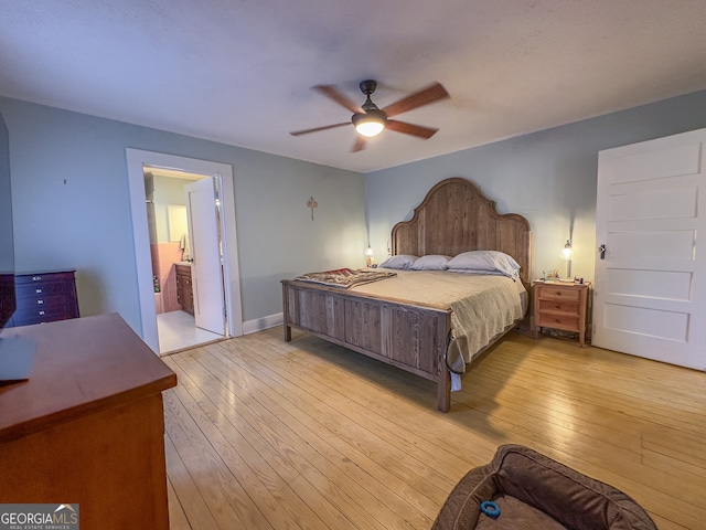 bedroom featuring light wood finished floors and ceiling fan