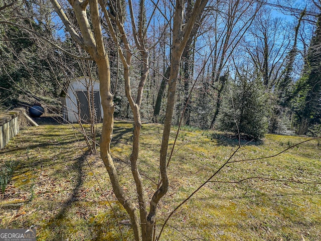 view of yard featuring an outbuilding, a storage shed, and a wooded view