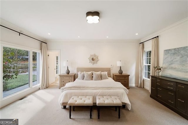 bedroom with visible vents, ornamental molding, baseboards, light colored carpet, and access to exterior