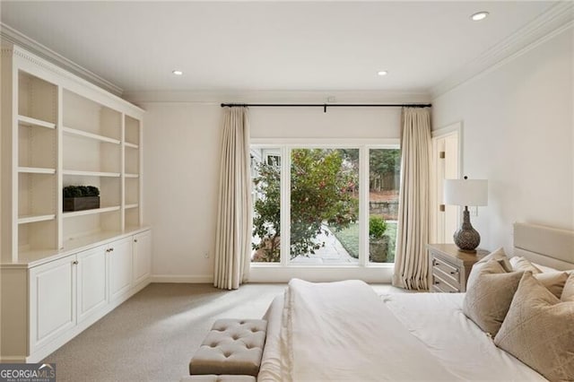 bedroom featuring recessed lighting, light colored carpet, baseboards, and ornamental molding