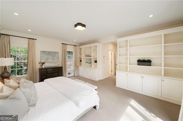 bedroom with light carpet, recessed lighting, multiple windows, and ornamental molding