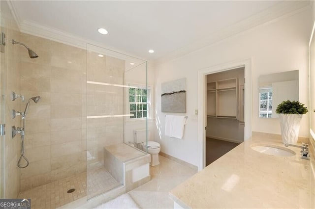 full bathroom with toilet, a stall shower, tile patterned flooring, and ornamental molding