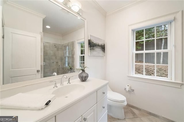 full bath with vanity, ornamental molding, a shower stall, tile patterned floors, and toilet