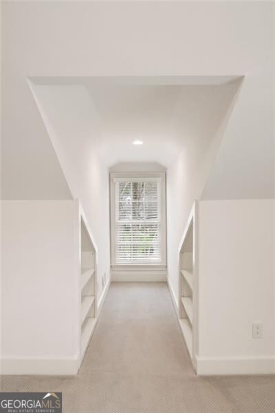 additional living space with light colored carpet and baseboards