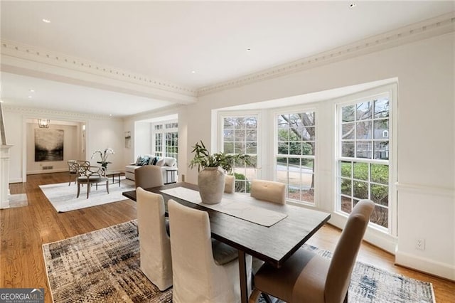 dining room with baseboards, wood finished floors, and ornamental molding