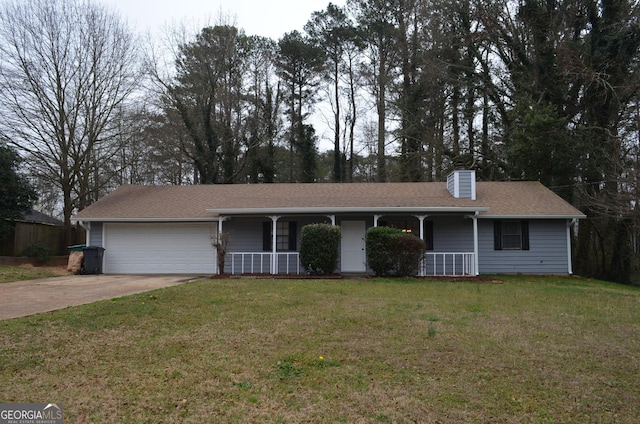 ranch-style house with a front lawn, a porch, concrete driveway, an attached garage, and a chimney