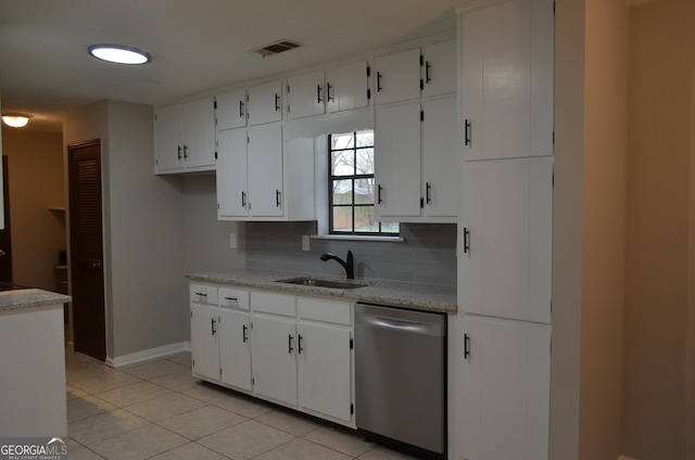 kitchen with a sink, decorative backsplash, stainless steel dishwasher, and white cabinetry