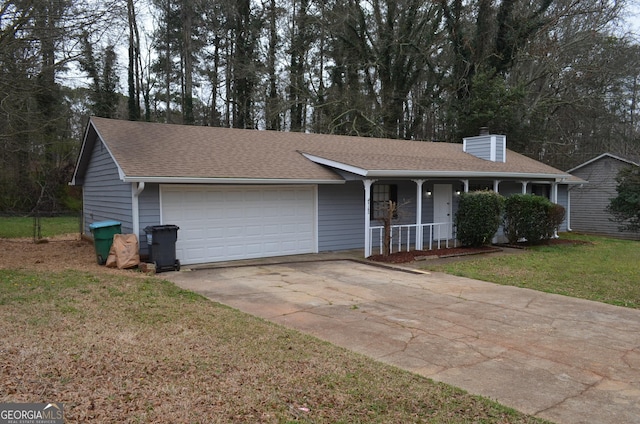 ranch-style home featuring a front lawn, a porch, an attached garage, a shingled roof, and a chimney