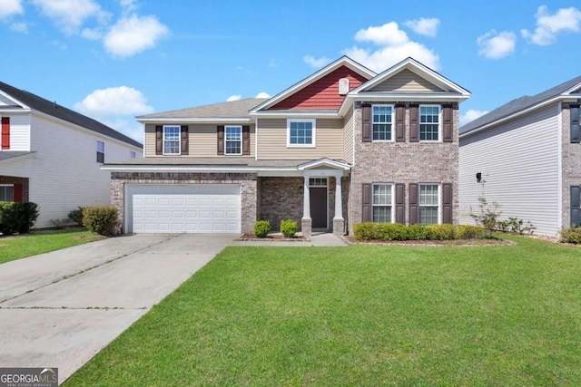 craftsman inspired home with brick siding, an attached garage, driveway, and a front lawn