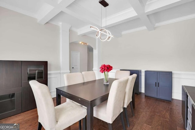 dining room featuring beamed ceiling, arched walkways, coffered ceiling, and dark wood-style flooring