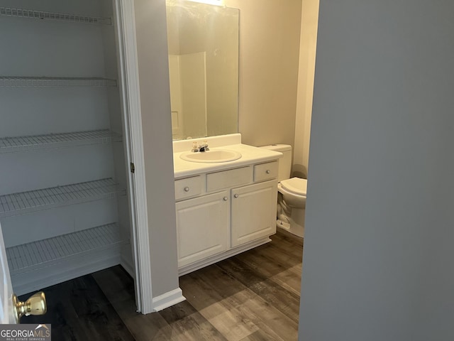 bathroom featuring toilet, vanity, and wood finished floors