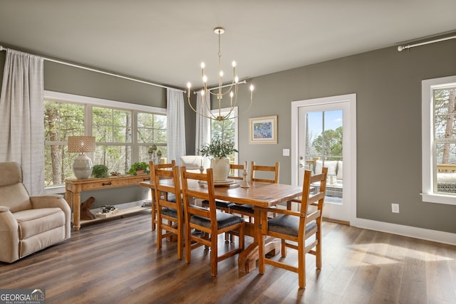 dining space with wood finished floors, plenty of natural light, and a chandelier