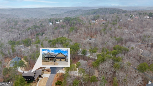 birds eye view of property featuring a forest view