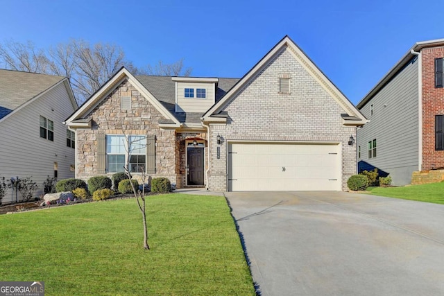 craftsman inspired home featuring stone siding, concrete driveway, a front yard, a garage, and brick siding