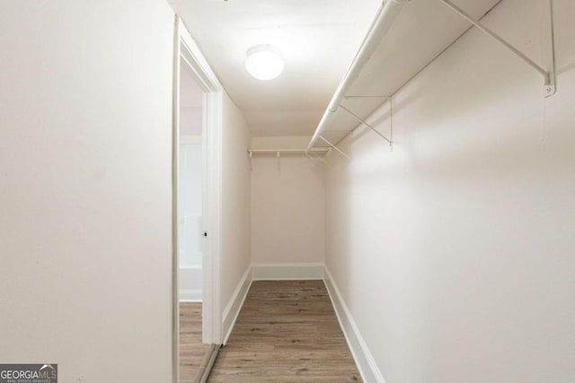 walk in closet with light wood-style floors